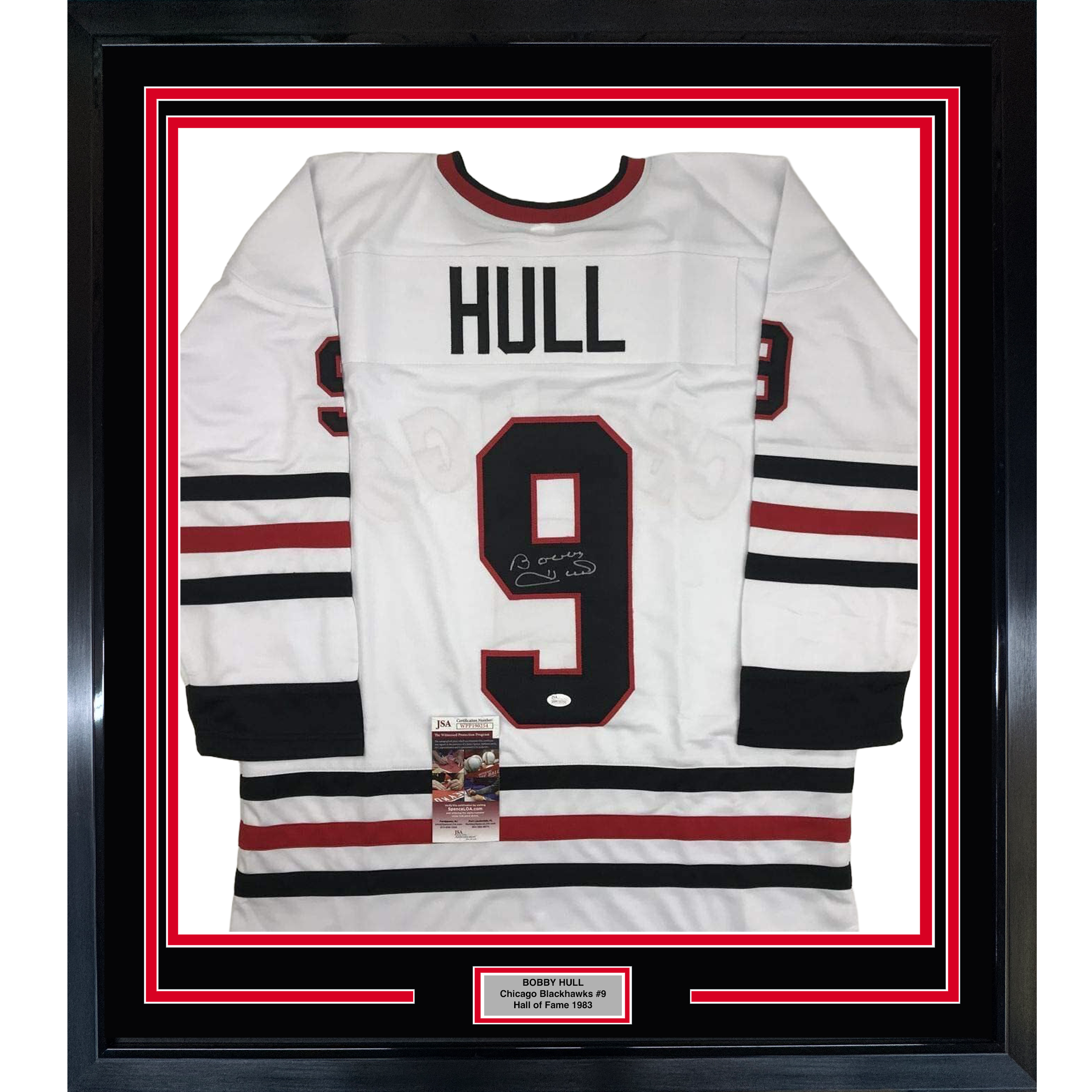 Framed Autographed/Signed Bobby Hull 35x39 Chicago White Hockey Jersey JSA COA