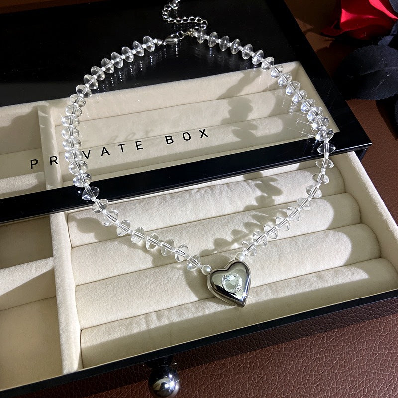 White Crystal Beaded Heart Pendant Clavicle Chain Necklace Women Neck Jewelry For Daily Dating Banquet Party Occasions