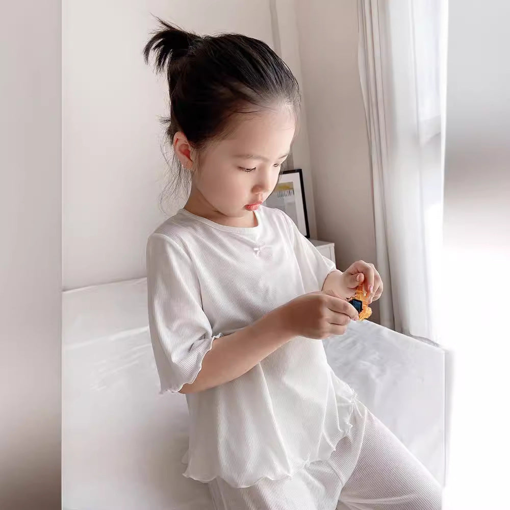 Girls' Ice Silk Pajama Top And Pants Set