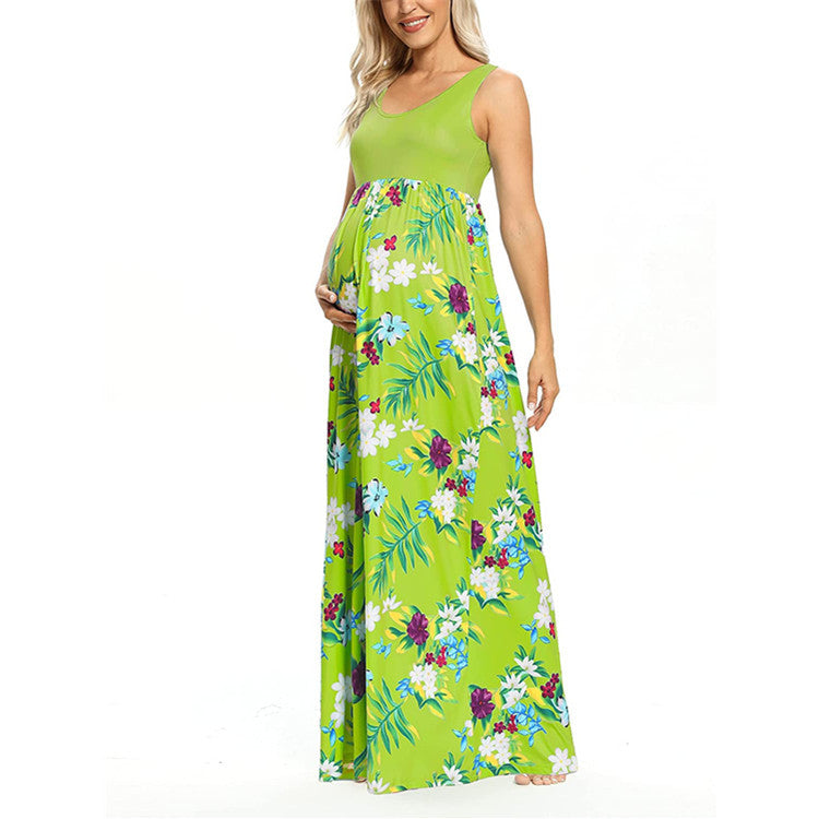 Fashion Print Stitching Round Neck Maternity Dress