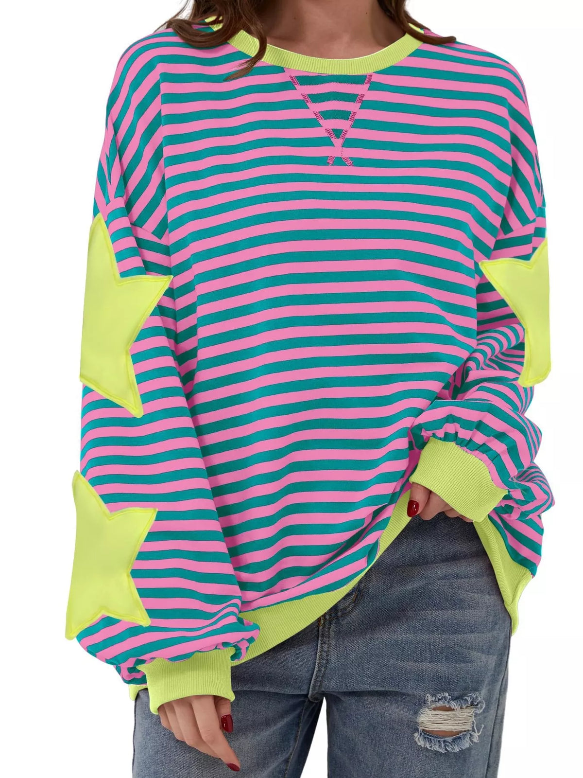 Full Size Star Patch Striped Oversized Sweatshirt Plus Size