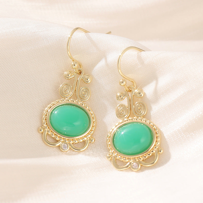 Vintage Oval Stone Drop Earrings Gold Tone Brass Women Red Green Boho Party Fashion Jewelry