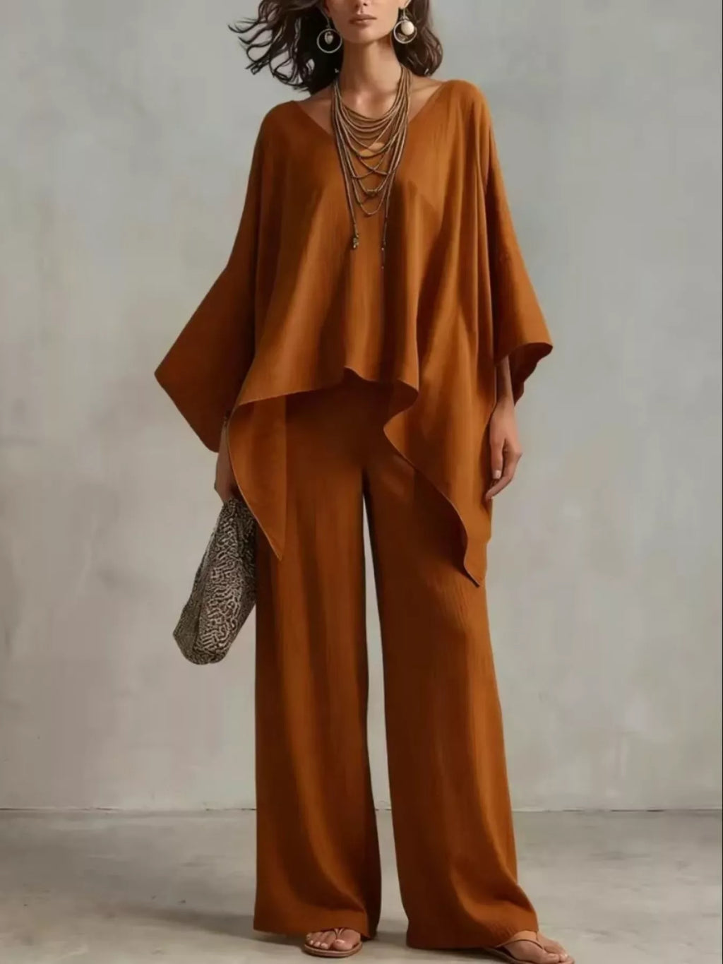 Loose Fit V-Neck Top and Pants Two-Piece Set