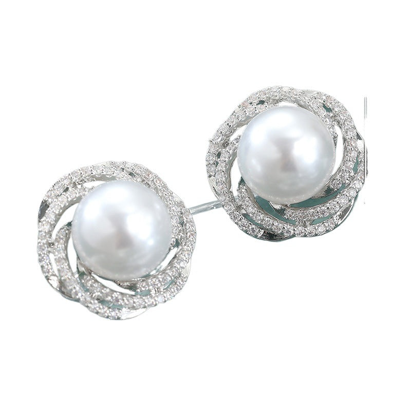 Elegant Pearl Crystal Stud Earrings Silver Tone Brass Women Wedding Party Fashion Jewelry Sparkling Statement