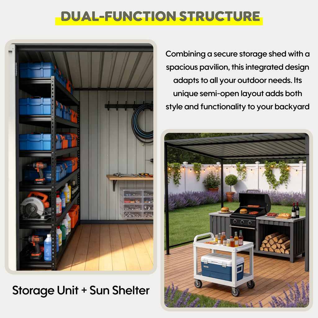 12x4 FT Metal Lean-To Shed with Pergola, 6x4 FT Outdoor Storage Shed & Hardtop Gazebo Combo