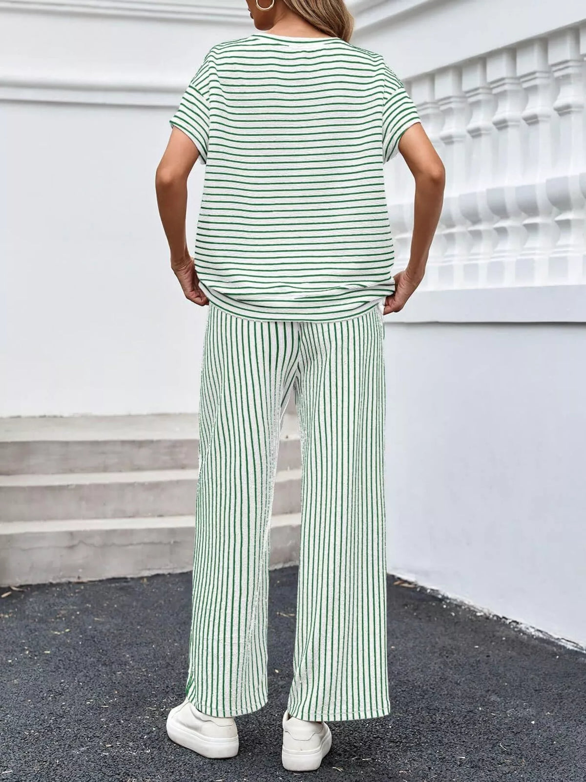 Casual Striped Short Sleeve Top and Wide Leg Pants Two-Piece Set