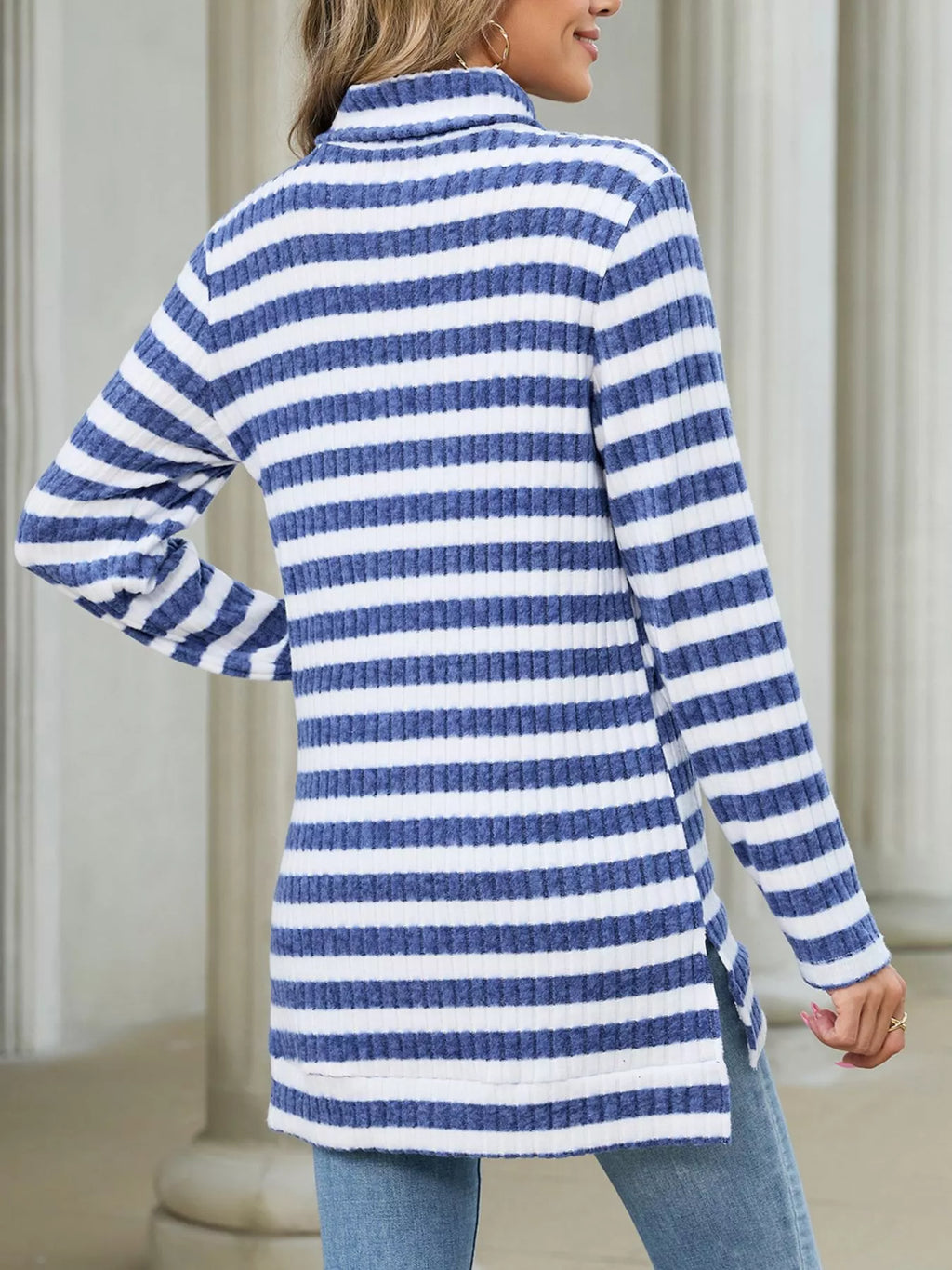 Striped Ribbed Knit Turtleneck Long Sleeve T-Shirt
