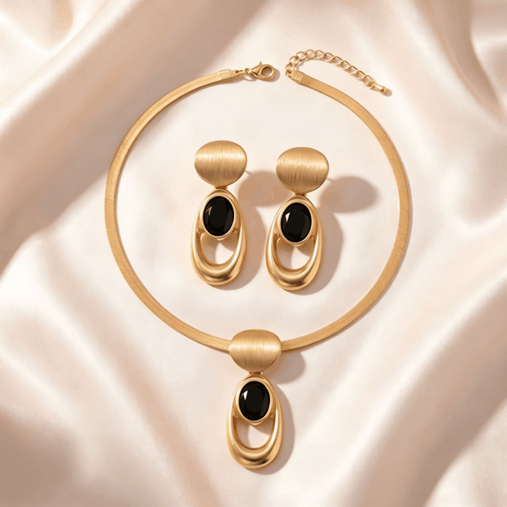 Vintage Brushed Gold Black Stone Necklace Earrings Set Women Jewelry Set For Banquet Party Evening Occasions