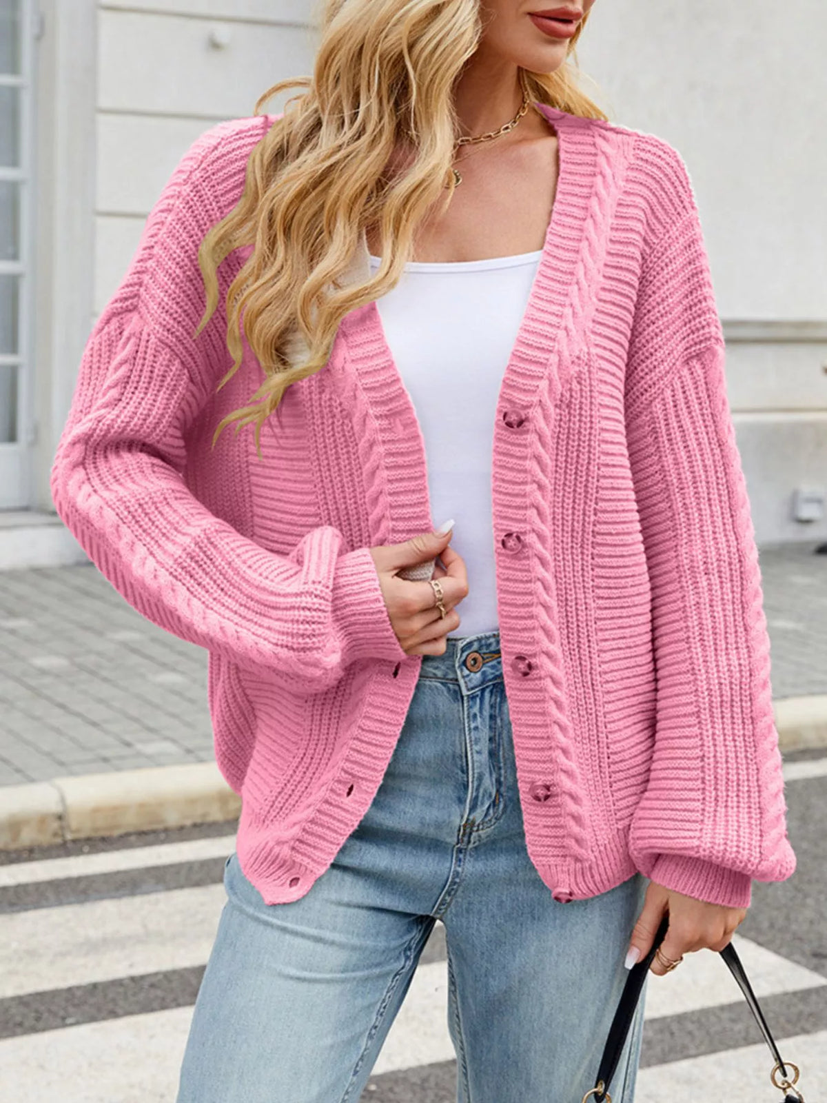 Cable Knit Button-Up Cardigan – Off-White / Black