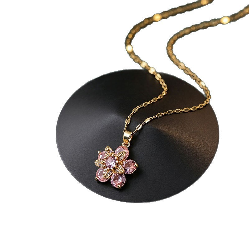 Women Rotatable Flower Titanium Steel Clavicle Necklace, Minimalist Micro Paved  Multicolor Zircon Fashion Trendy Cross Border Pendant Chain