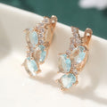 Aqua Blue Oval Crystal Stud Earrings Rose Gold Tone Brass Women Elegant Party Fashion Jewelry