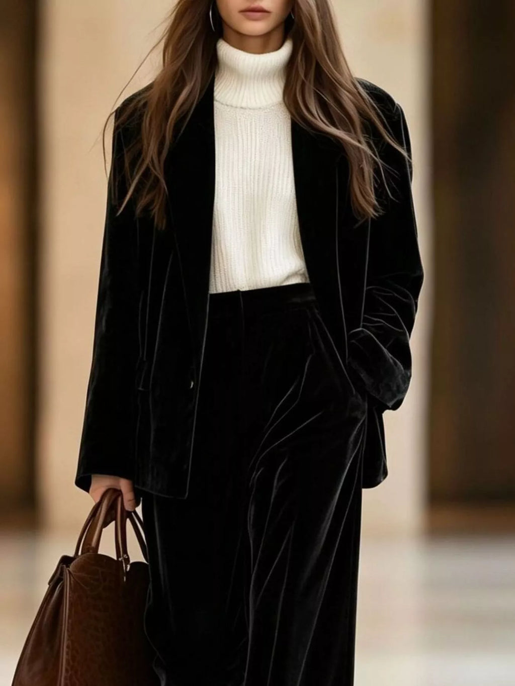 Velvet Blazer and Wide-Leg Pants Two-Piece Set
