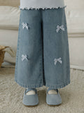 Girls' Wide Leg Bow Embroidered Elastic Waisted Jeans