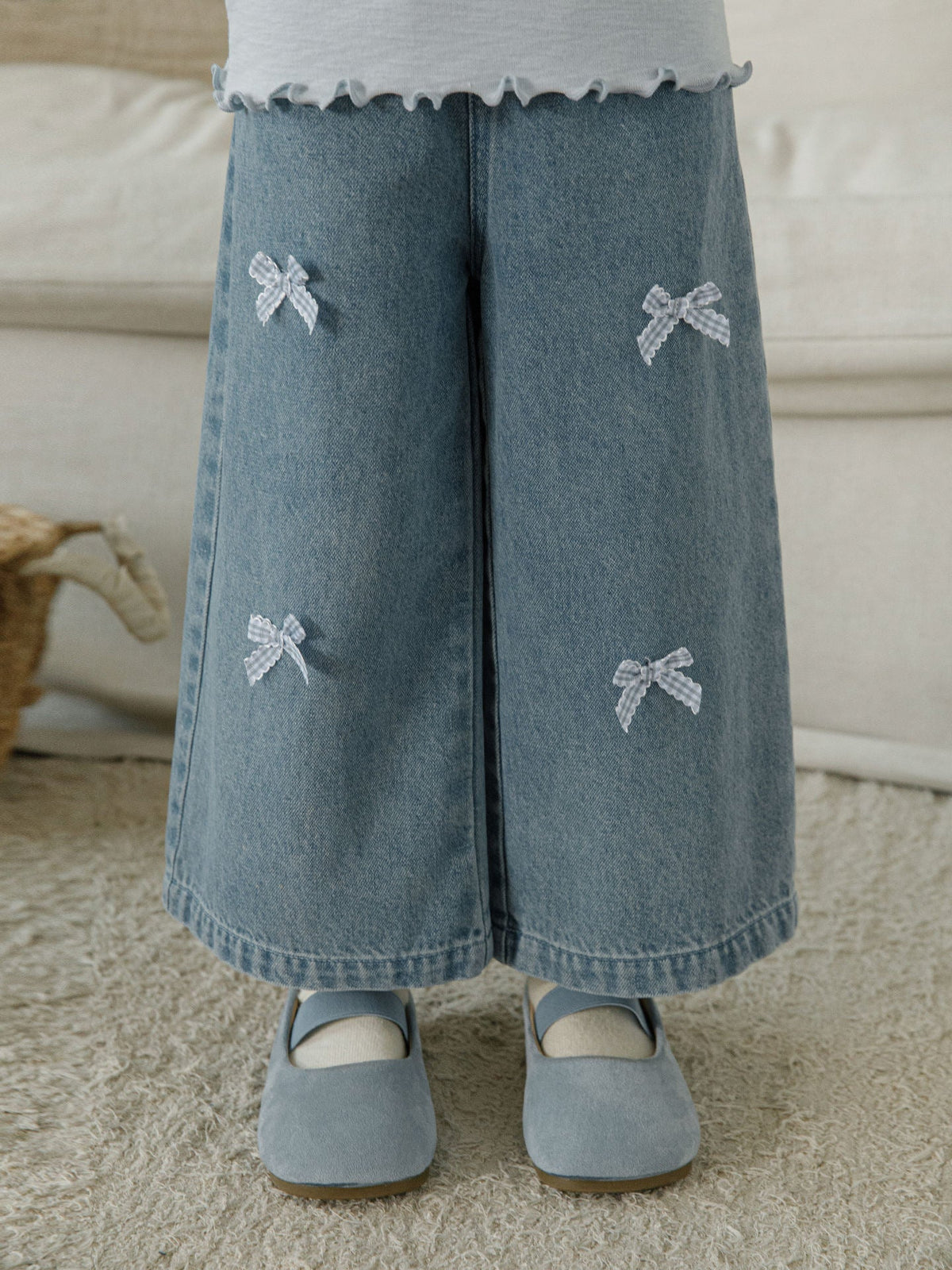 Girls' Wide Leg Bow Embroidered Elastic Waisted Jeans