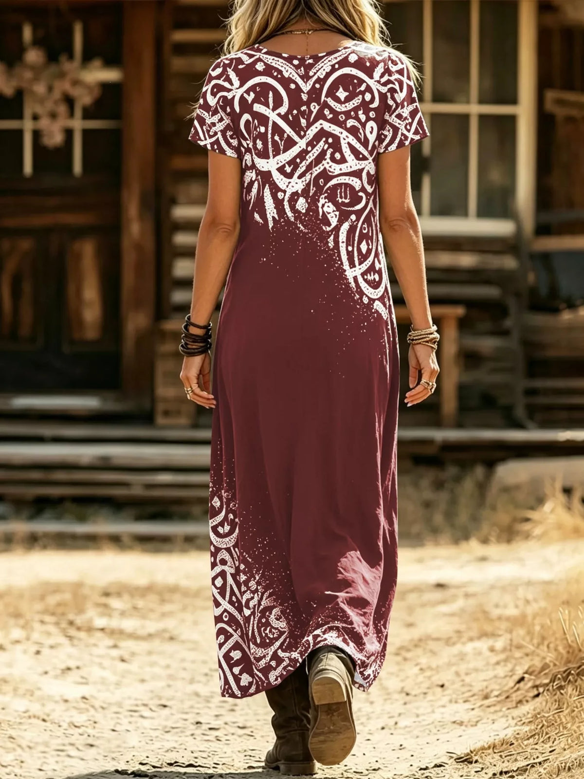 Printed Short Sleeve Midi Dress