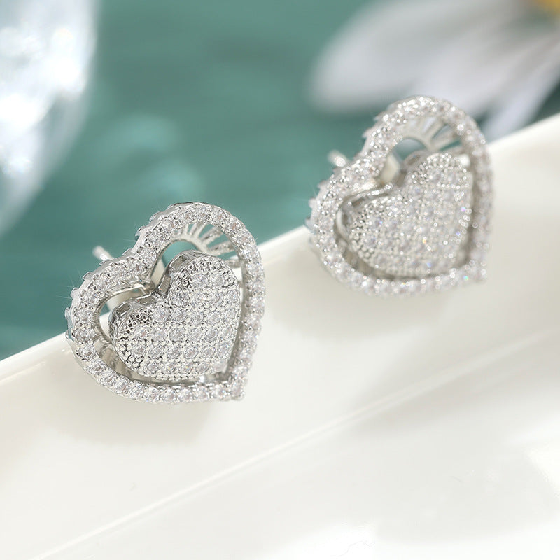 Sparkling Heart Crystal Stud Earrings Silver Tone Brass Women Elegant Wedding Party Fashion Jewelry Statement