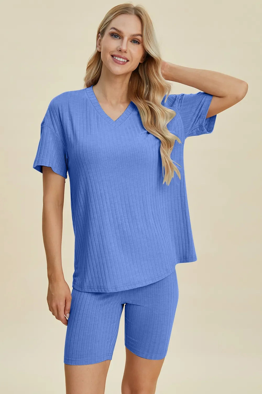 Plus Size Ribbed V-Neck Top & Shorts Set