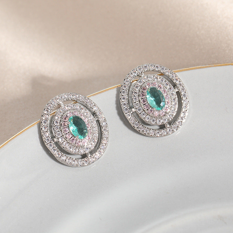 Green Oval Crystal Stud Earrings Brass Women Elegant Party Wedding Halo Geometric Sparkling Fashion Jewelry