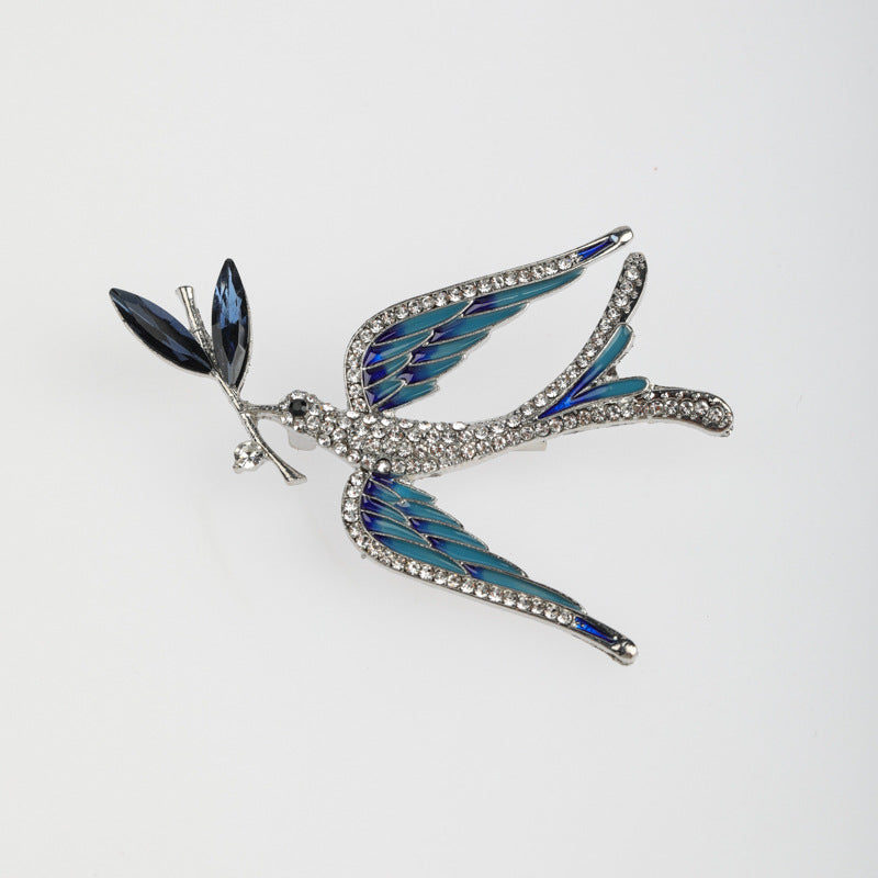 Enamel Oil-drop Swallow Holding A Branch Brooch