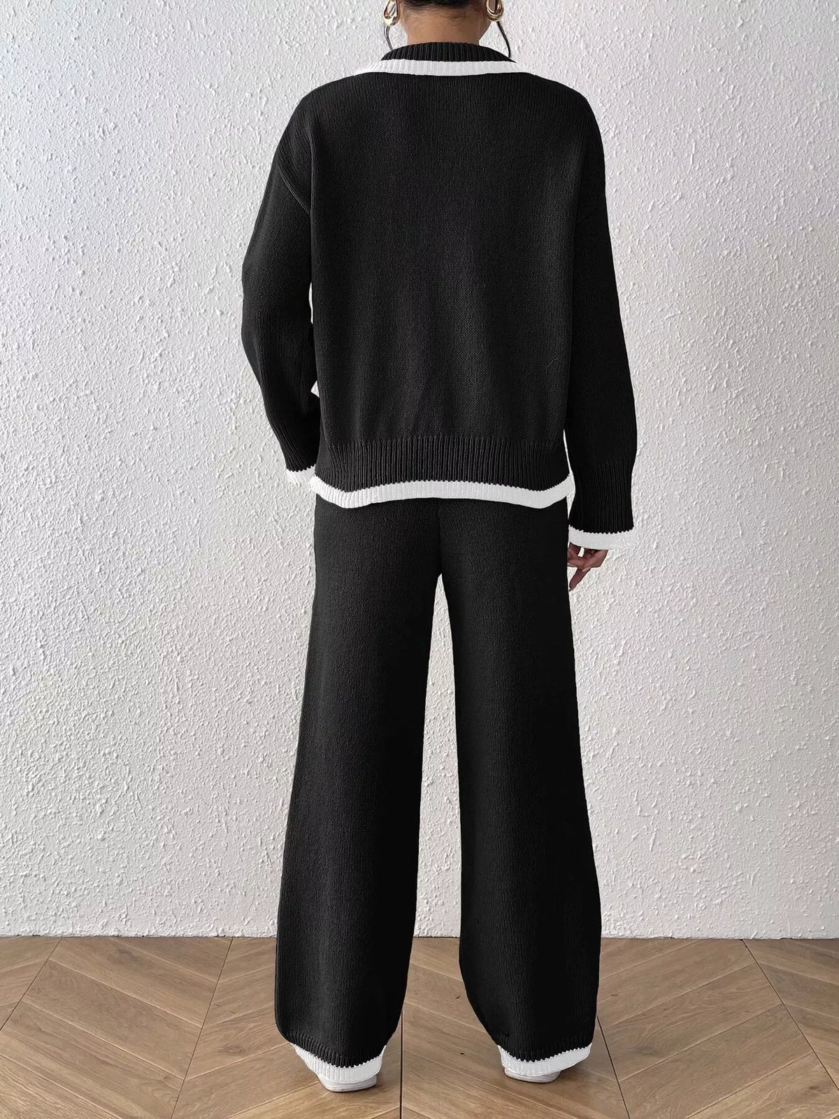Contrast Trim Polo Collar Top and Pants Sweater Set