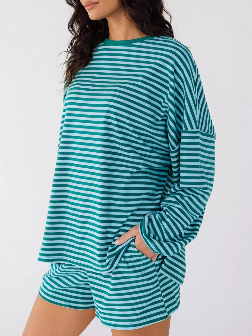 Casual Striped Long Sleeve Top and Shorts Set