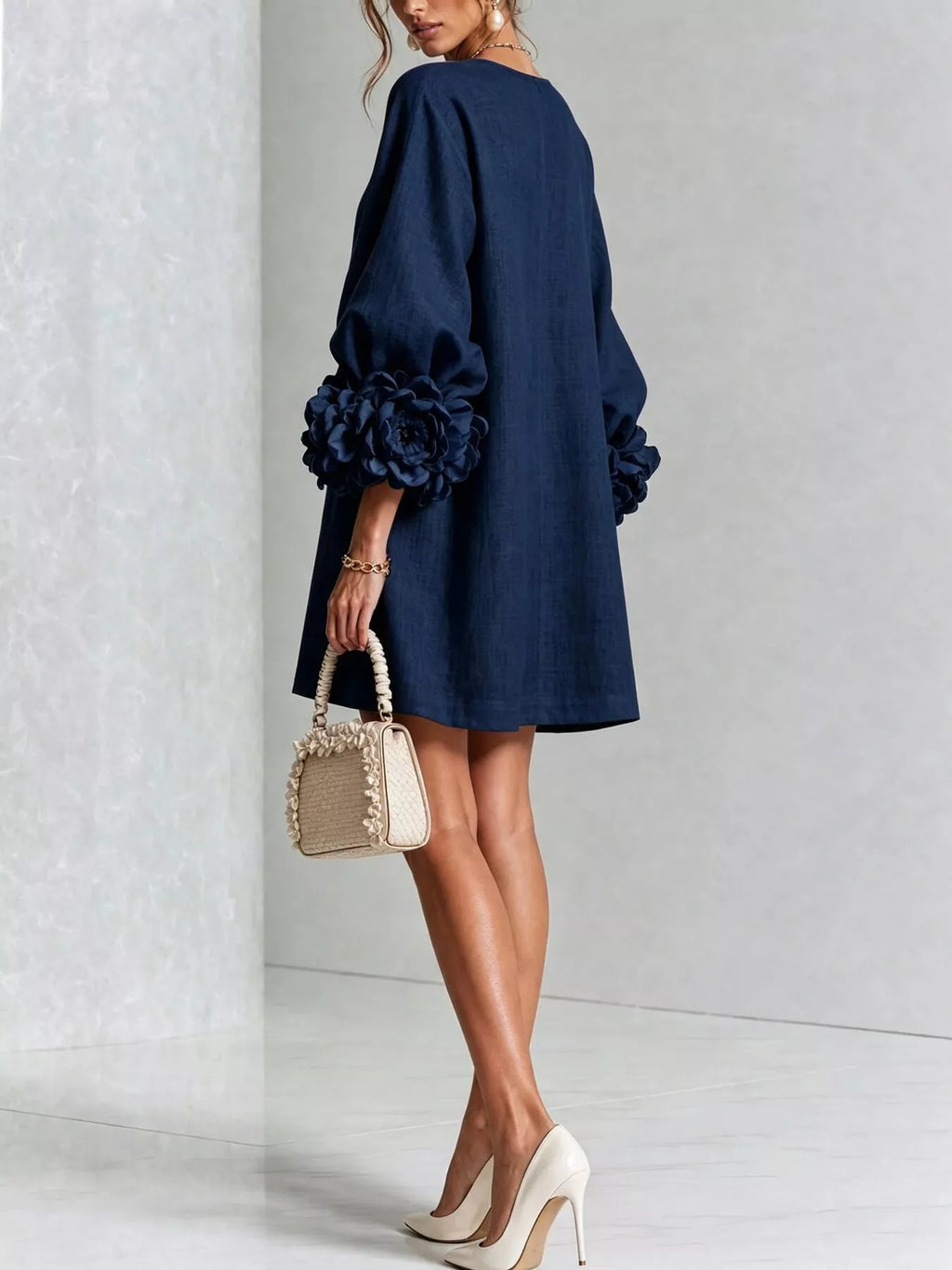 3D Floral 3/4 Sleeve Mini Dress