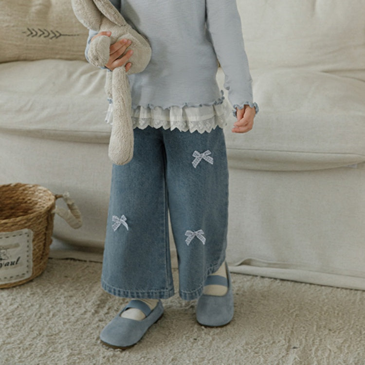 Girls' Wide Leg Bow Embroidered Elastic Waisted Jeans