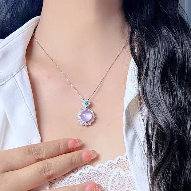 Jewelry 925 Silver Plated Natural Purple Chalcedony Agate Necklace Comparable To Jade Violet Pendant White Gift Women