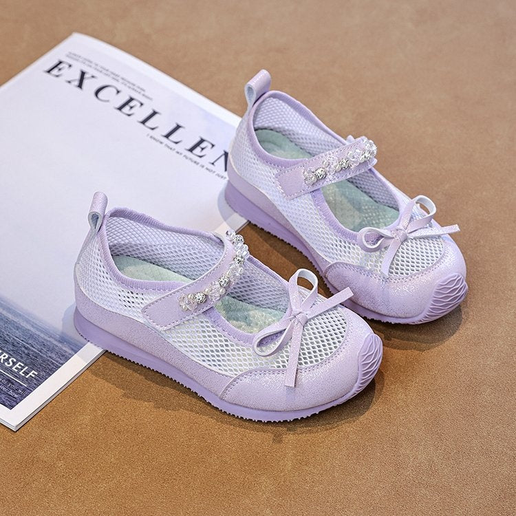 2026 Summer New Girls Ballet Shoes, Mary Jane Sandals With Bow & Rhinestone, Breathable Soft Sole Kids Shoes