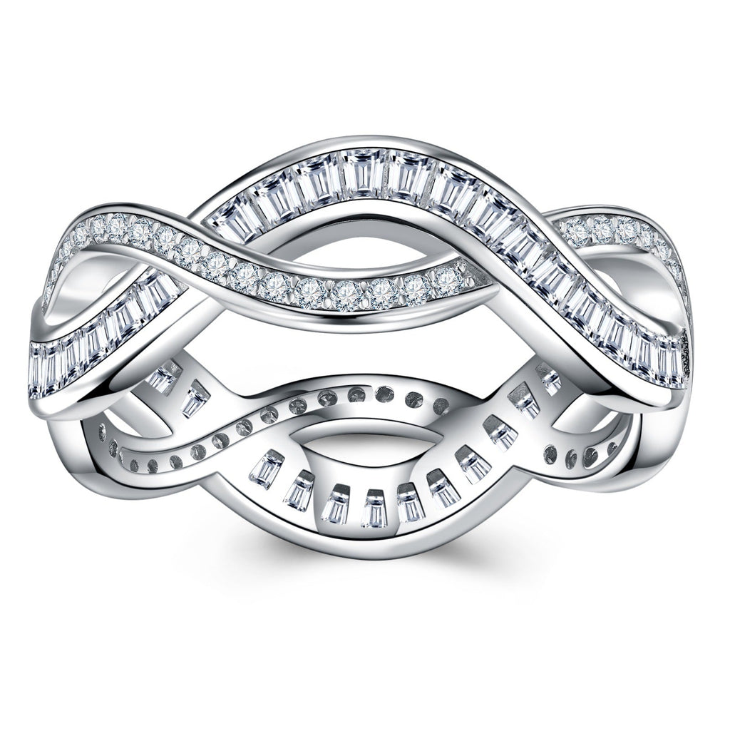 S925 Silver 3g Baguette Moissanite Intertwined Ring, D VVS1, GRA US 5-8