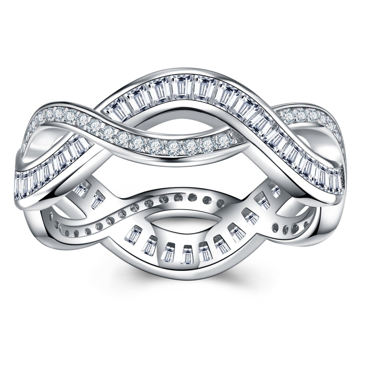 S925 Silver 3g Baguette Moissanite Intertwined Ring, D VVS1, GRA US 5-8