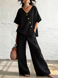 Full Size Surplice Half Sleeve Top and Wide-Leg Pants Set Plus Size