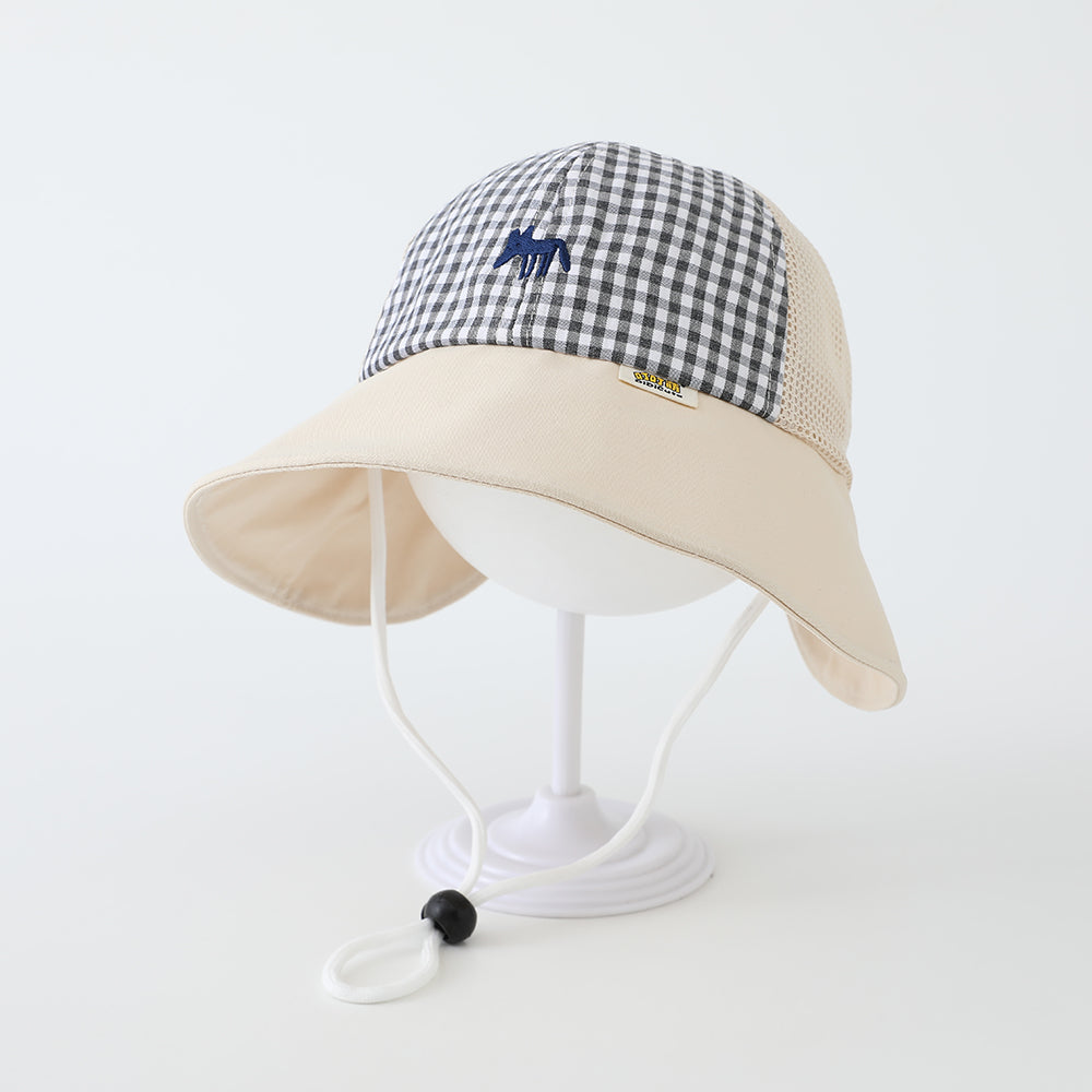 Summer Boys And Girls' Checkered Pointed-mouth Fox Embroidered Fishing Hat With Net Fabric, Breathable, Spliced And Wind-resistant Rope Baby Hat