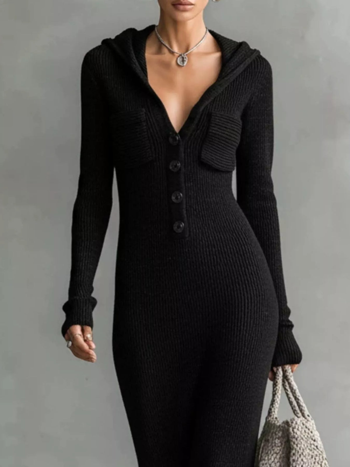 Hooded Knit Maxi Dress with Button-Up Placket and Chest Pockets