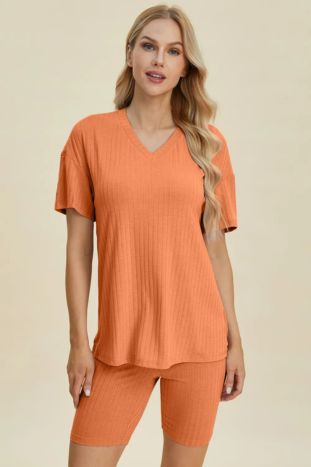 Plus Size Ribbed V-Neck Top & Shorts Set