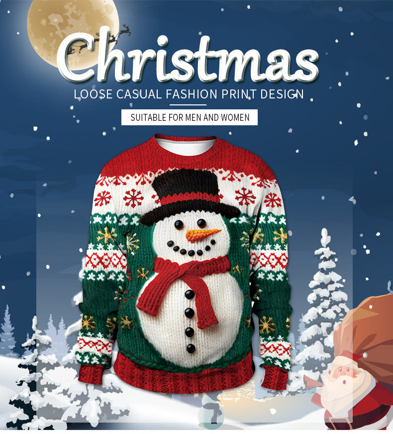 Christmas Clothing Foreign Trade Cross-border New Snowman Christmas Tree Sweater Pattern 3D Digital Printing Round Neck Sweater