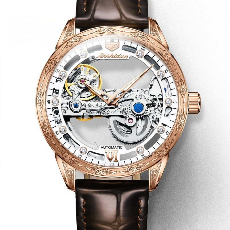 Openwork Mechanical Watch With Waterproof Leather Strap For Men