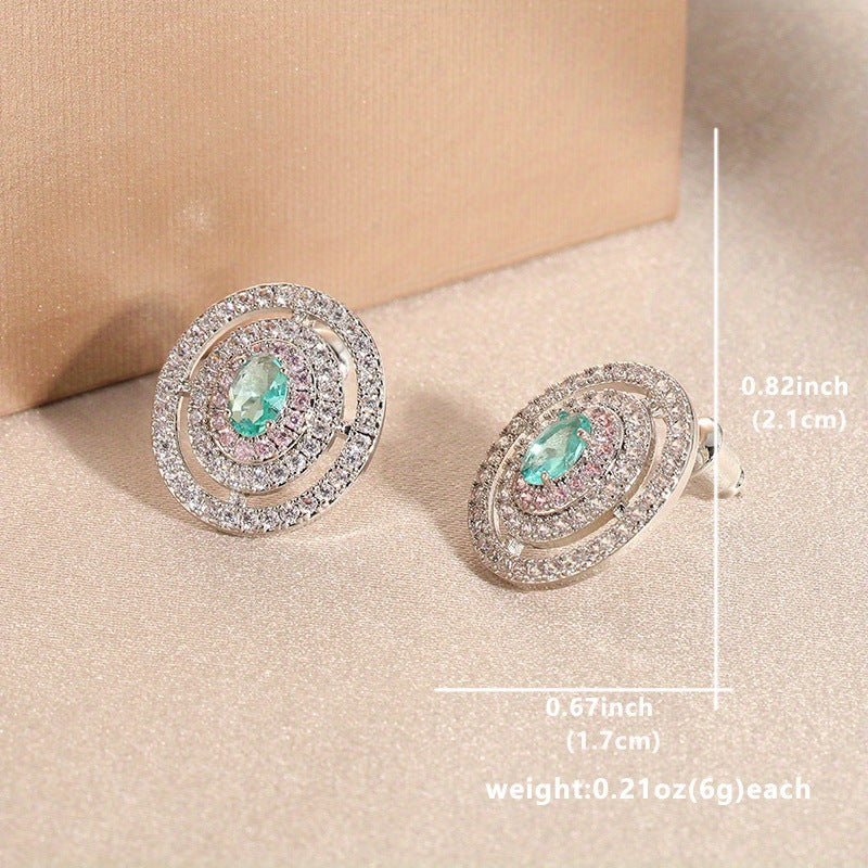 Green Oval Crystal Stud Earrings Brass Women Elegant Party Wedding Halo Geometric Sparkling Fashion Jewelry