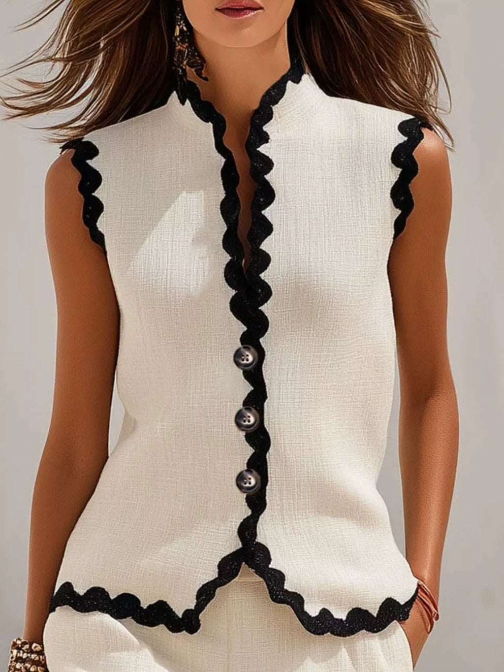 Full Size Scalloped Trim Sleeveless Vest and Shorts Two-Piece Set Plus Size