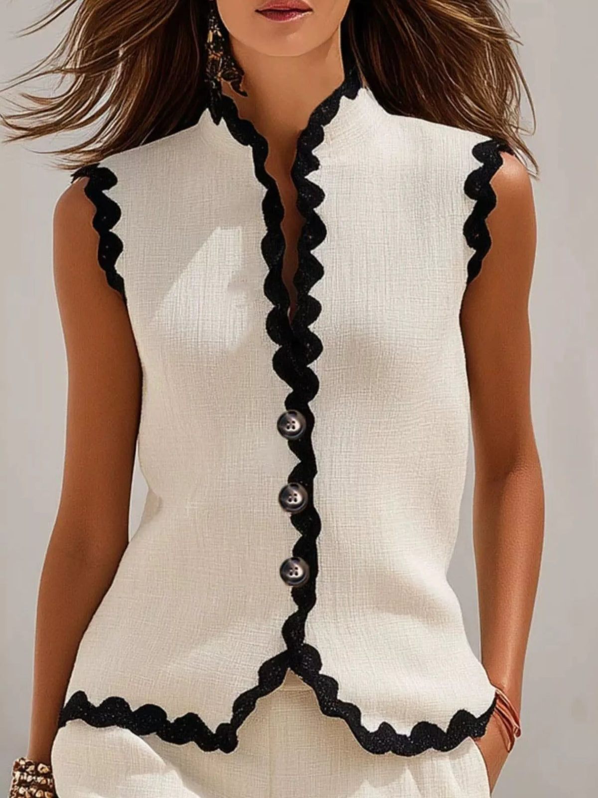 Full Size Scalloped Trim Sleeveless Vest and Shorts Two-Piece Set Plus Size