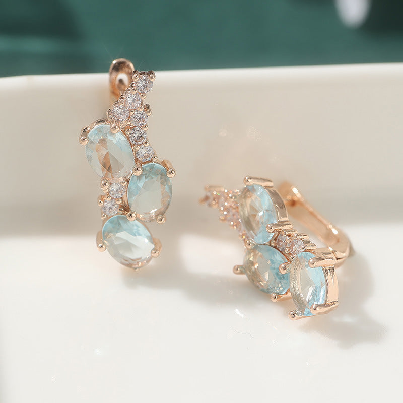 Aqua Blue Oval Crystal Stud Earrings Rose Gold Tone Brass Women Elegant Party Fashion Jewelry