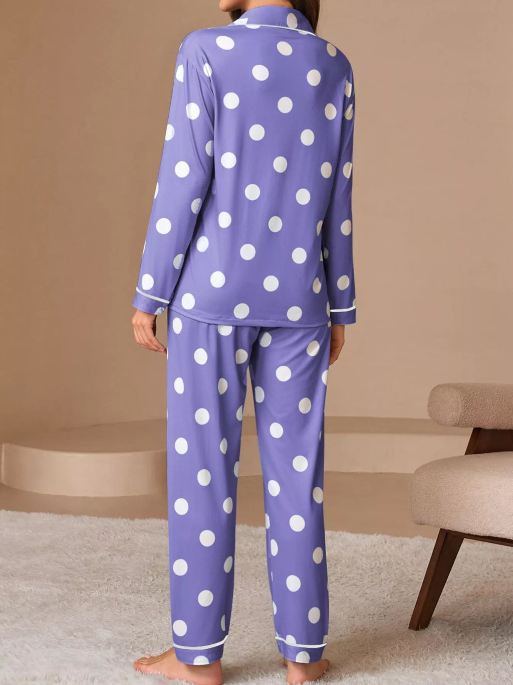Polka Dot Button-Down Top and Pants Lounge Set