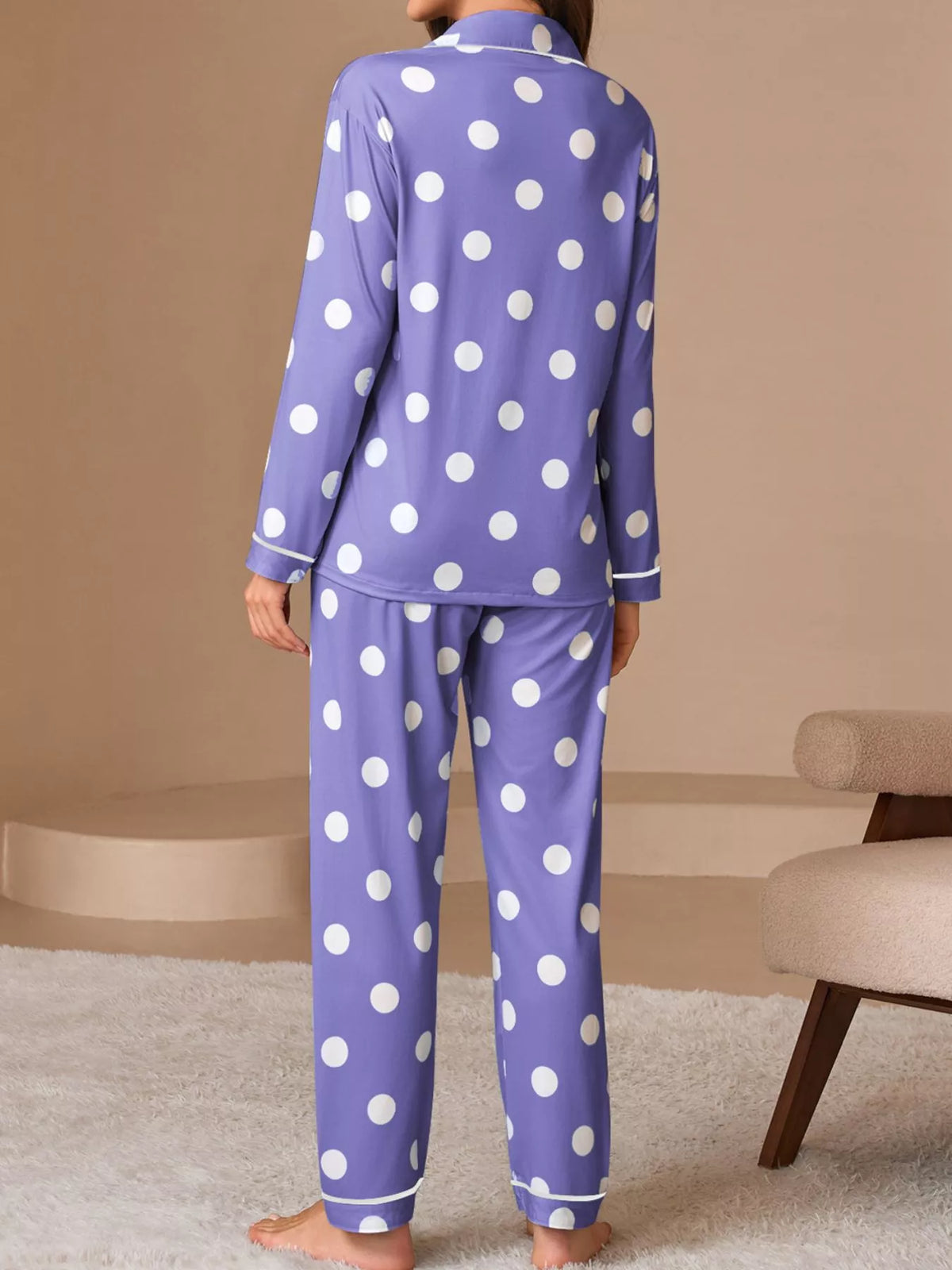 Polka Dot Button-Down Top and Pants Lounge Set