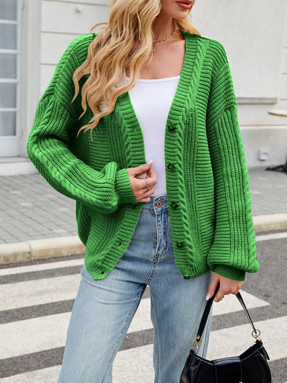 Cable Knit Button-Up Cardigan – Off-White / Black