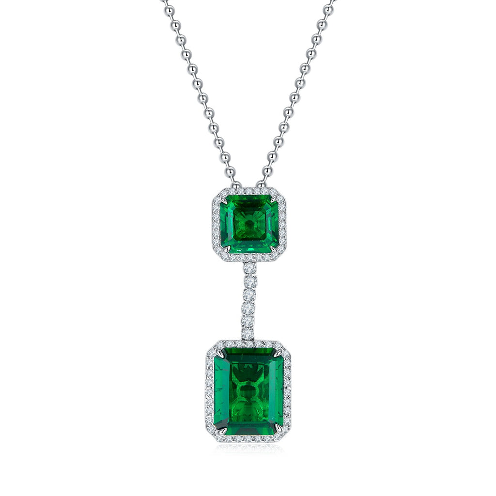 S925 Silver 12.9g 12.7ct Lab-Created Emerald Necklace, 15x12mm & 10x10mm Double Drop, 40cm