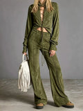 Full Size Lace-Up Long Sleeve Top and Wide-Leg Pants Set Plus Size
