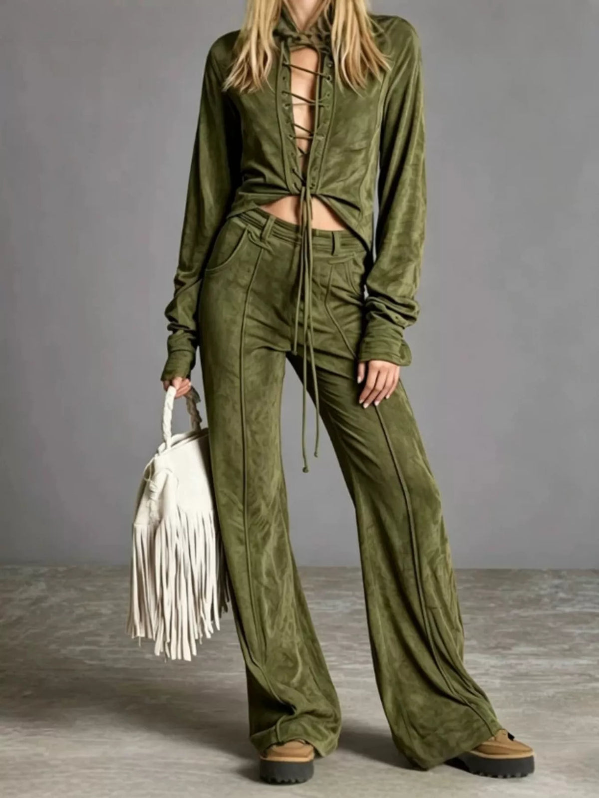 Full Size Lace-Up Long Sleeve Top and Wide-Leg Pants Set Plus Size