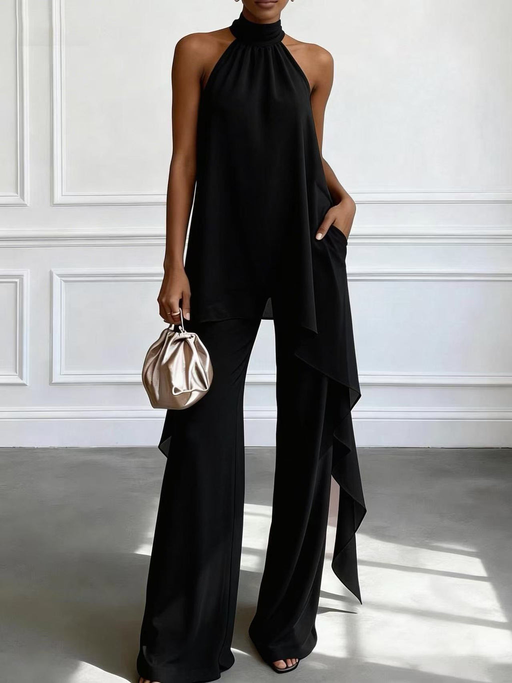 Womens Backless Sleeveless Irregular Top And Pants Two-Piece Set