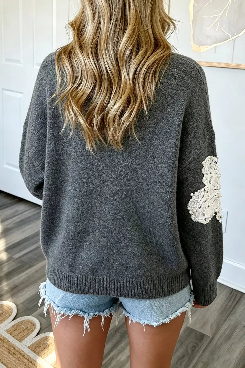 Pearl Embellished Floral Dropped Shoulder Sweater