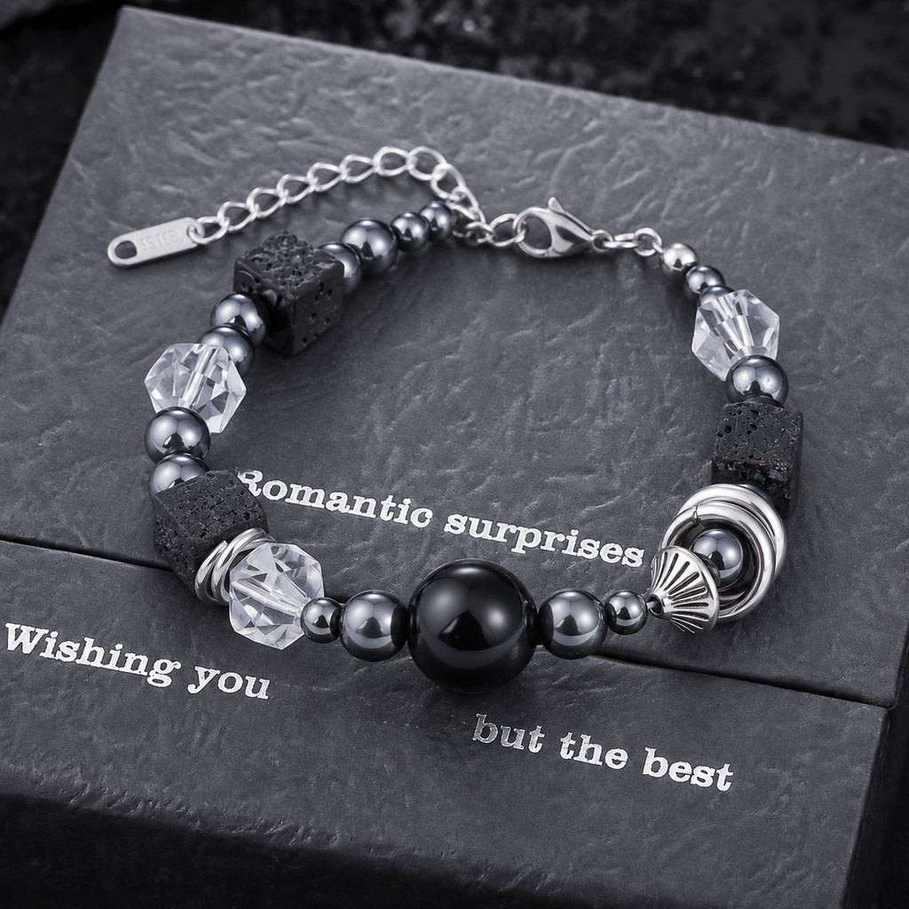 Unisex Green Crystal Lava Rock Beaded Bracelet, Men Women Fashion Commuter Versatile Niche Hip Hop Design Hand Jewelry